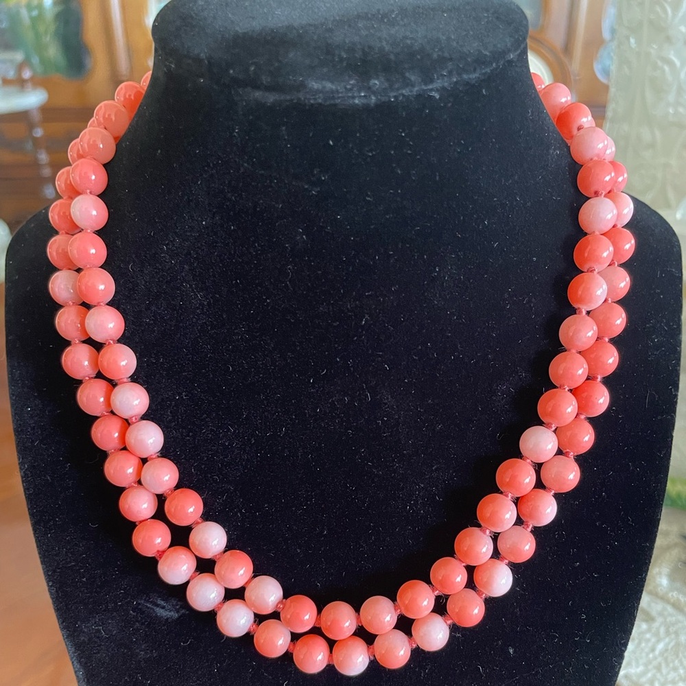 Natural angel skin coral necklace.